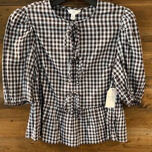 Gingham Tie-Front Peplum Blouse - Blue & black